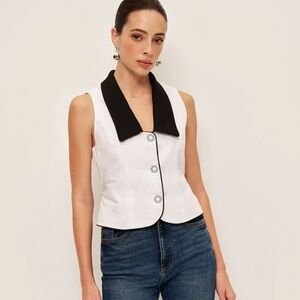Commense Contrast Collar Button-Up Vest with Back Bow